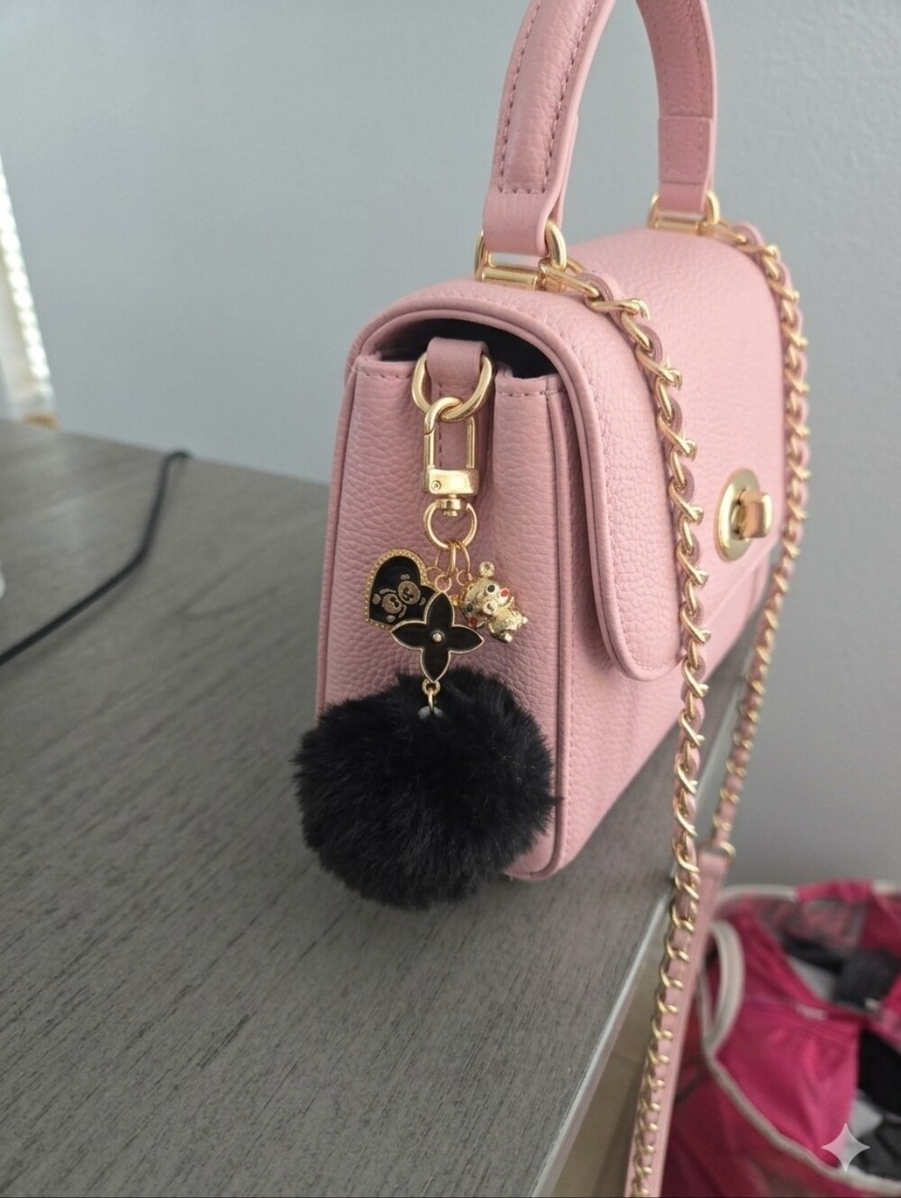 Black Furry Pom Keychain with Gold Charms - Women Accessories
